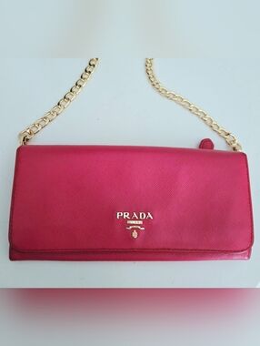 Authentic PRADA Logo Saffiano Leather Pink Gold Bifold Wallet Clutch Holder WOC